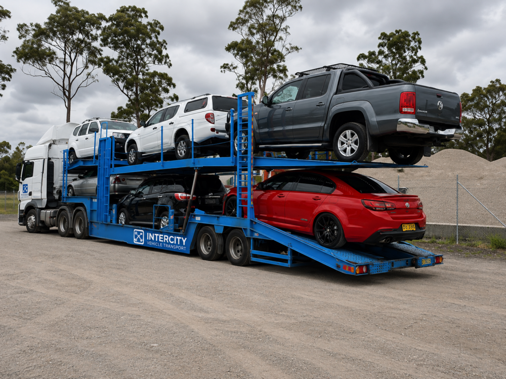 Rear view of a loaded car carrier with the loading ramp lowered