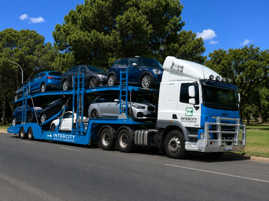 An Intercity Vehicle Transport car carrier loaded with cars, parked on a suburban road